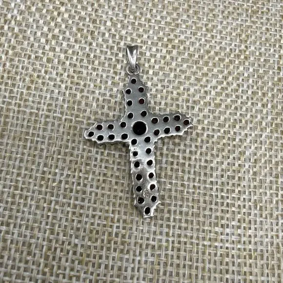 925 Bohemian Style Garnet Sterling Silver Vermeil Cross Pendant - Picture 5 of 7
